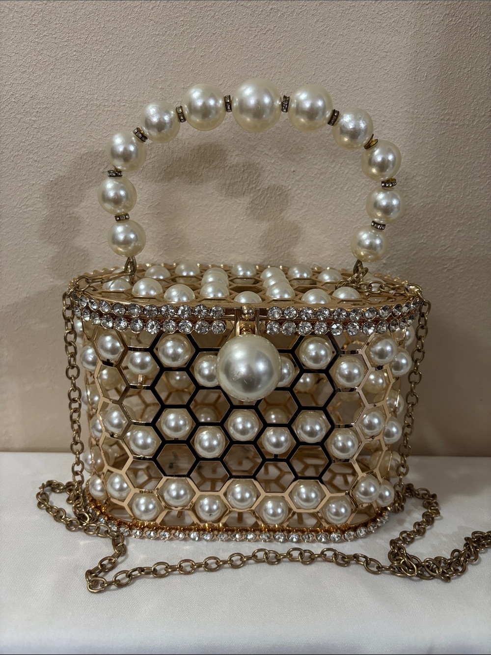 Bright- Drag Queen Pearl Bag Gold Pearl-Embellished Mini Cage  Bag